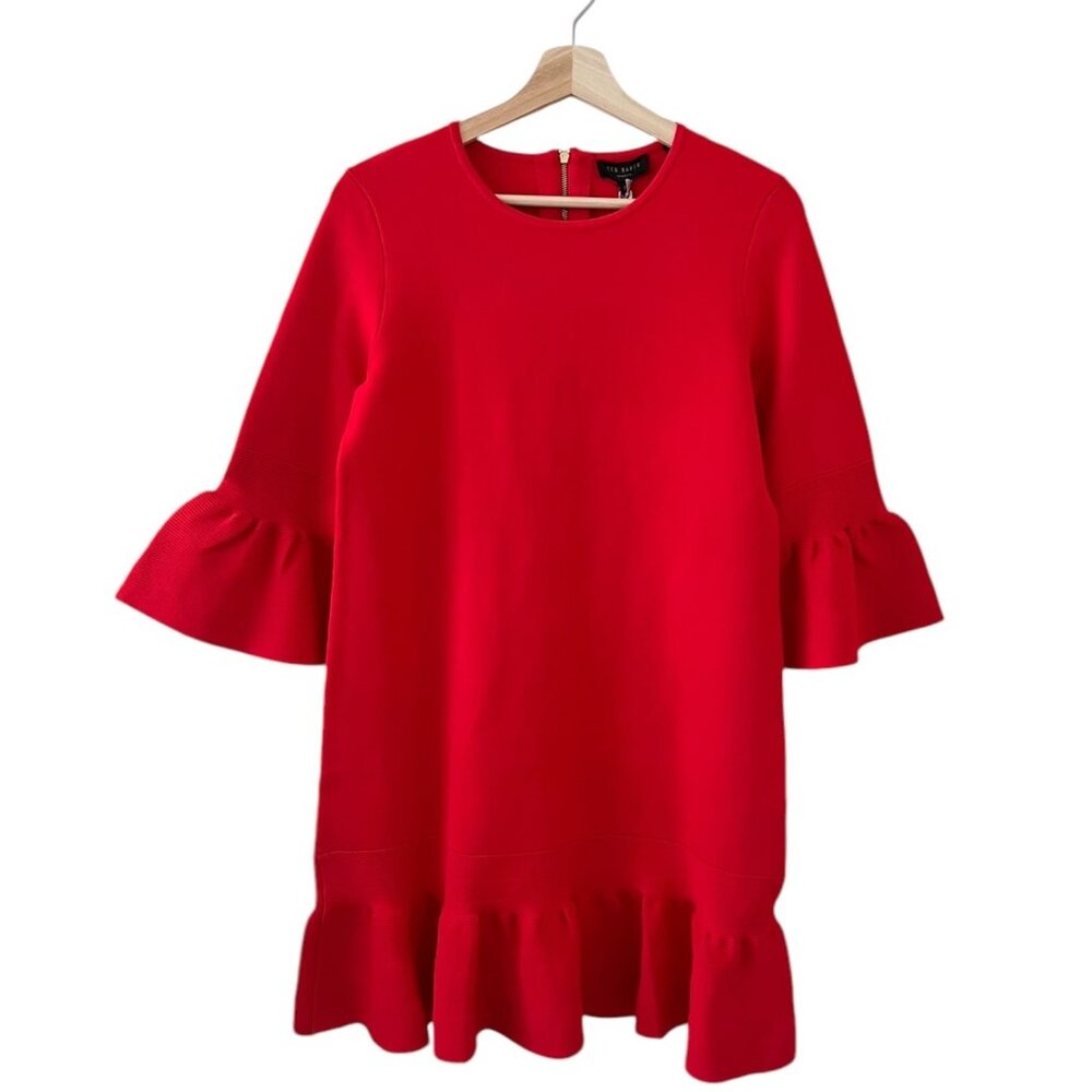 Ted Baker Tynia Peplum Sleeve Knitted Dress Bright Red Size 2‎ US 6 Knee Length